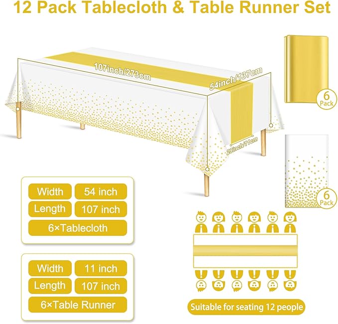 12 Pack White Gold Tablecloth and Table Runner Set Party Decorations, White and Gold Plastic Disposable Tablecloth and Satin Table Runner for Wedding Birthday Party (White and Gold)