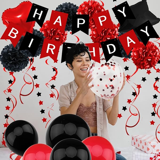 ZERODECO Birthday Decorations - Black & Red Party Decorations with Happy Birthday Banner, Pompoms, Balloons for Boys, Girls, Men & Women