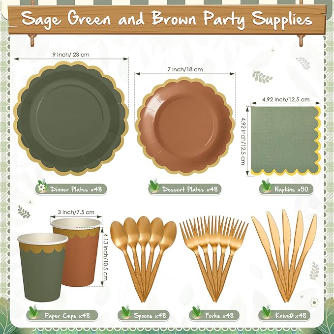 Mimorou 338 Pcs Sage Green and Brown Plates and Napkins Party Supplies for Guests Woodland Baby Shower Tableware Include Forest Scalloped Plates Paper Napkin Cup Spoon Fork Knife for Wedding Birthday