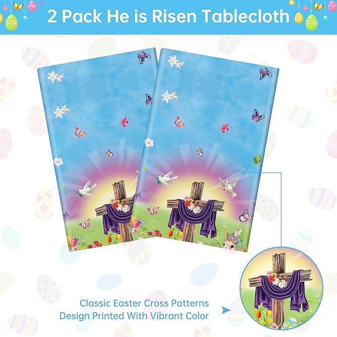 2 Pack Easter He is Risen Tablecloth - Spring Flower Christian Cross Table Cloth, Plastic Disposable Rectangle Religious Easter Bunny Eggs Table Cover for Tables Decorations and Party Decor,108x54Inch