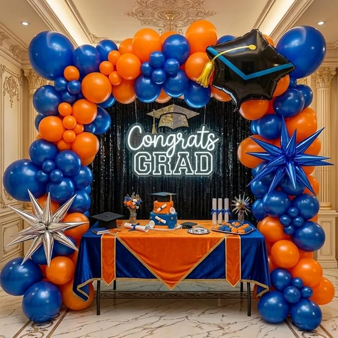 kozee royal blue and orange balloon garland arch kit 150+pcs with graduation cap Blue star mylar balloons for Men birthday 2026 Graduation Ceremony Prom decorations