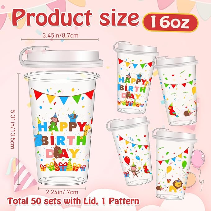 50pcs Happy Birthday Disposable Plastic Cups 16 Oz Drinking Cup with Lid, Birthday Party Decorations & Gifts for Boys and Girls, Clear Coffee Cups for Kids, Birthday Theme Party Drinkware Supplies