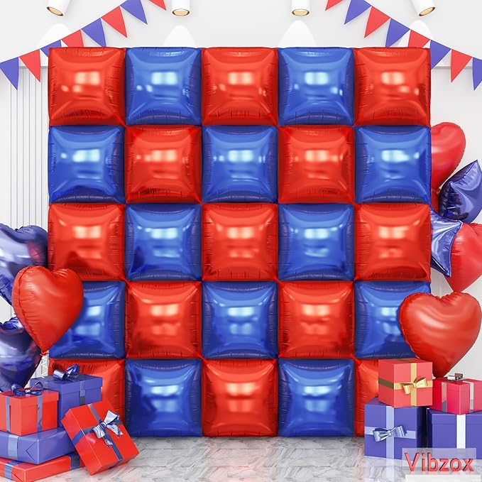 Red and Blue Square Foil Balloons Wall, Double Sided Chrome Deep Blue Red Balloons Tunnel Arch Kit Backdrop for Boys Birthday Graduation 4th of July Nautical Party Theme Decorations