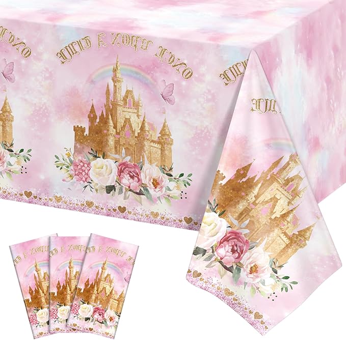 3 Pack Princess Tablecloths, 54 x 108 Inch Disposable Pink Rose Castle Themed Table Cloth Waterproof Pink Tablecloth Rectangle Birthday Party Table Cover for Girls Birthday Baby Shower Party Supplies