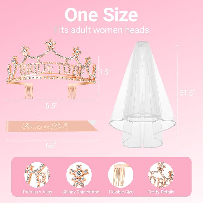 3Pcs Bride to Be Crown with Sash and Veil for Bachelorette Party Decorations，Bridal Shower Accessories for Gift, Favors