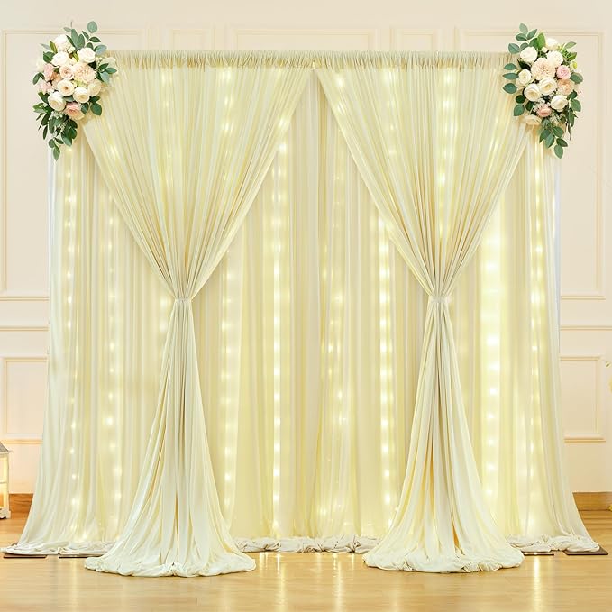 10 x 10ft Beige Backdrop Curtains with Lights String for Wedding Photo Background Drapes Wrinkle Free Polyester Curtain Backdrop for Baby Shower Birthday Parties Reception Ceremony - 5 x 10ft 2 Panels
