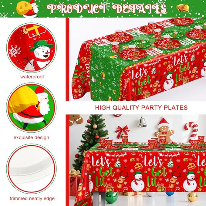 194 Pcs Christmas Party Supplies Decorations Friendsmas Christmas Party Decorations Let's Get Lit Santa Snowman Disposable Tableware Set with Plates Napkins and Tablecloth Serves 24 Guests
