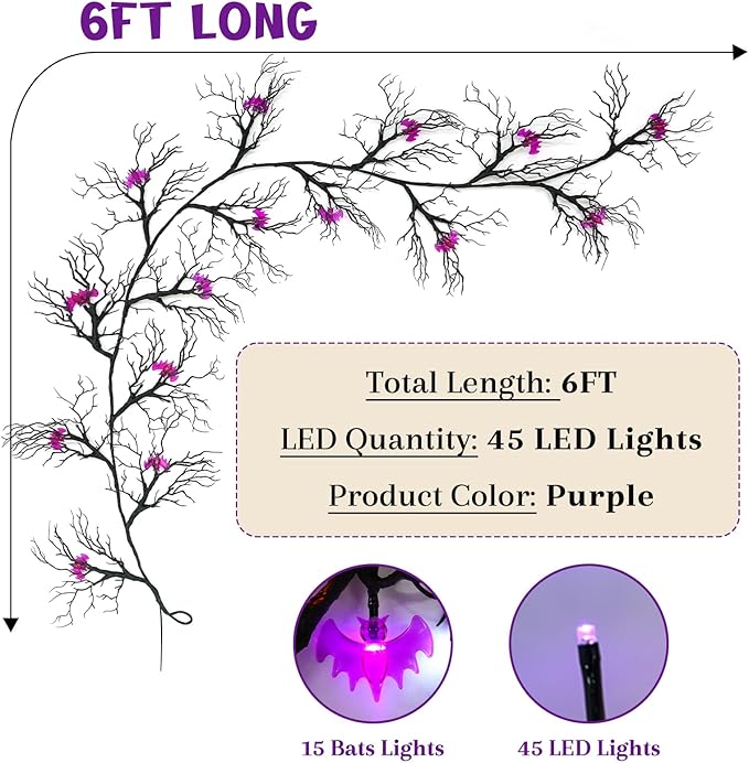Joyhalo Halloween Garland with Lights Decorations with Bat Lights,Battery Operated 6FT 48 LED Halloween Willow Vine Twig Garland for Mantle,Wall,Fireplace and Halloween Decorations