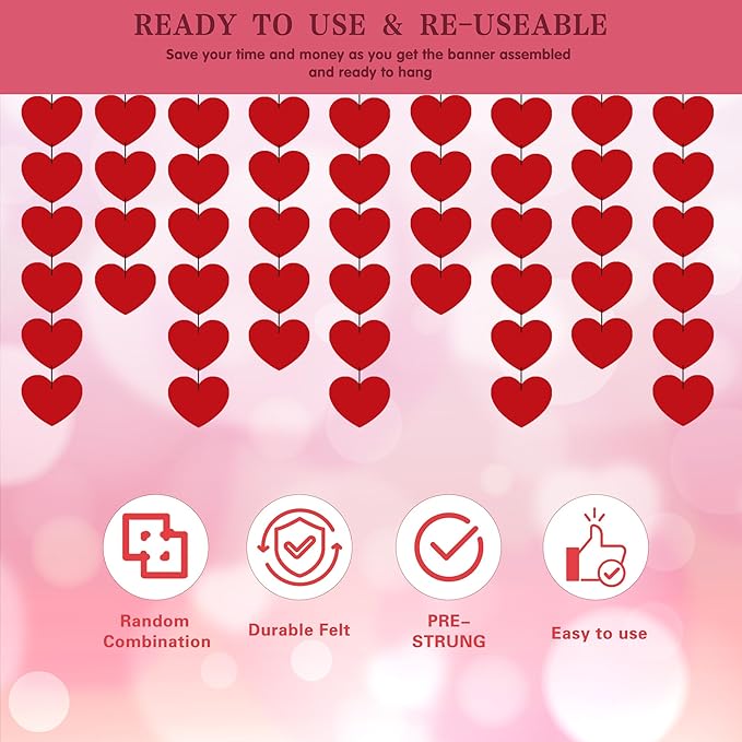 OHOME Valentines Day Decorations - 40 Pack Red Felt Heart Hanging Banner Backdrop | Valentines Decor Party Supplies Favors for Wall Home Office - Galentines Day Decorations for School Classroom Outdoor Indoor