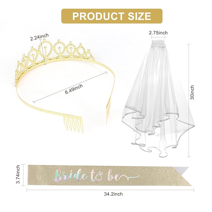 CIEHER Crown + Bride to Be Sash + Wedding Veil Set, Bachelorette Party Bridal Shower Decorations Bride to Be Gifts - Gold