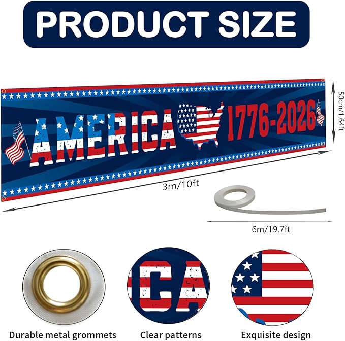 250th Anniversary American Flag Banner, 4th of July Decorations,1776-2026 Birthday Premium Banner with Grommets, Decorations for Outdoor, Indoor, Yard, Garden, Porch (Style 3)
