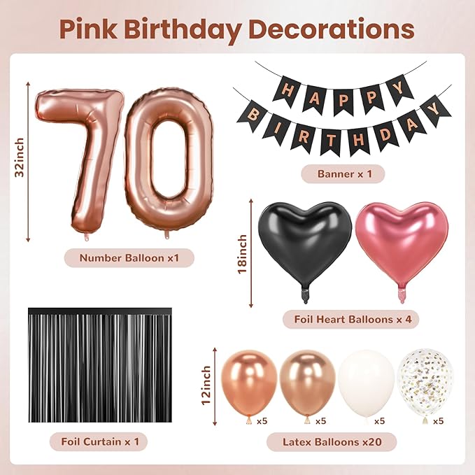 70th Birthday Decorations for Women - Rose Gold, Black and Hot Pink Party Supplies Set with Happy 70th Banner, Number 70 Balloons and Foil Fringe Curtains - 70 Year Old Celebration Kit