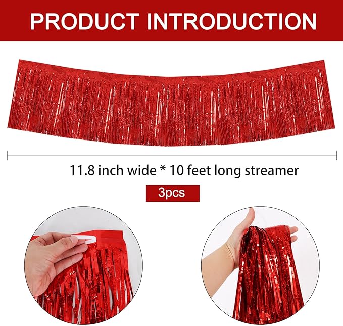 BEISHIDA 3 Packs Metallic Foil Fringe Garland Laser Red Wall Hanging Tinsel Fringe Banner for Car Floats Bridal Shower Wedding Valentine's Day Birthday Anniversary Graduation Party Decoration(30 Feet)
