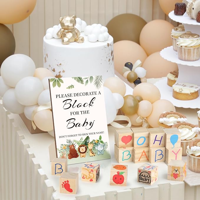 Baby Shower Games Sign Kit with 50 Blank Wooden Baby Blocks, 24 Acrylic Paint Marker and Wooden Sign, Blocks for Baby Shower Games, Gender Reveals Party(Animal)