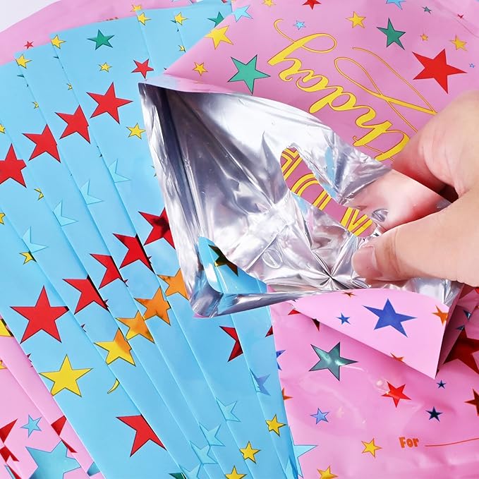 40pcs Party Favor Bags for Kids Birthday Goodies Bags, Plastic Gift Bags for Kids Girls Boys Candy Birthday Party Favor Gift Wraps (40pcs star pattern 4colors)