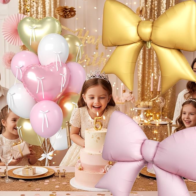 16Pcs Pink and Gold Heart Balloons, 38 Inch Pink Bow Balloon, Champagne Gold Pink White Balloon and Bow Heart Shaped Foil Balloons for Birthday Wedding Bridal Baby Shower Valentines Day Decorations