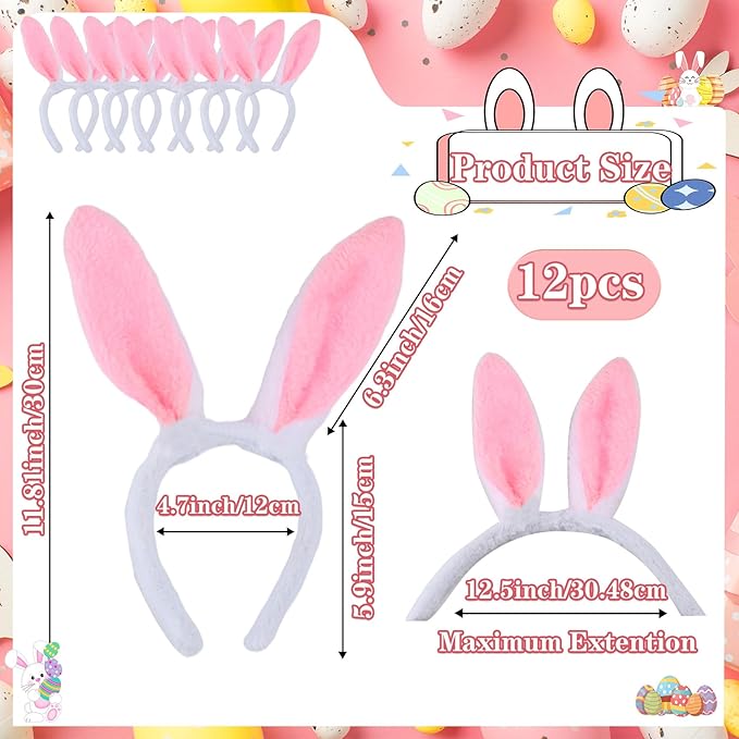 12Pcs Bunny Ears Headbands Plush Cute Rabbit Ear Hairbands Bunny Easter Halloween Costume Party Favors