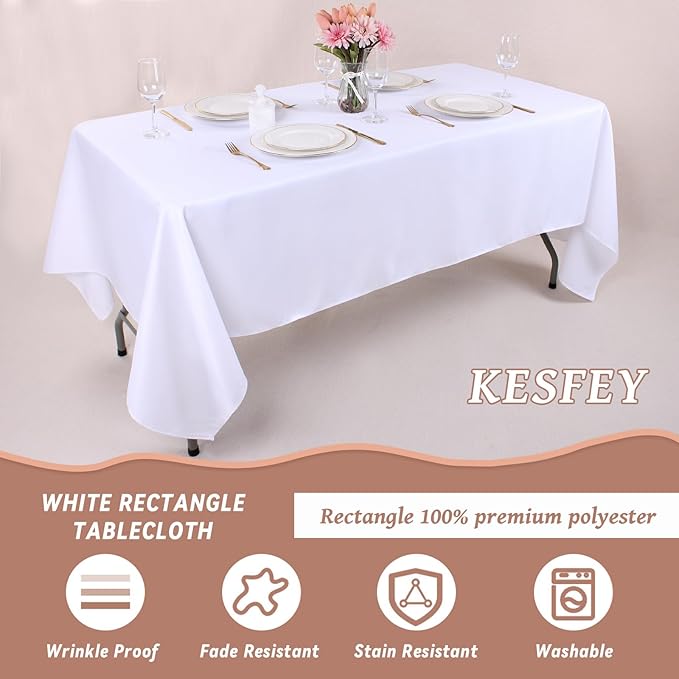Kesfey 6 Packs White Table Cloths Rectangle 60 x 84 inch Washable Polyester Fabric White Tablecloths for 4 Feet Tables Stain and Wrinkle Resistant Reusable Table Covers for Parties Wedding Banquet