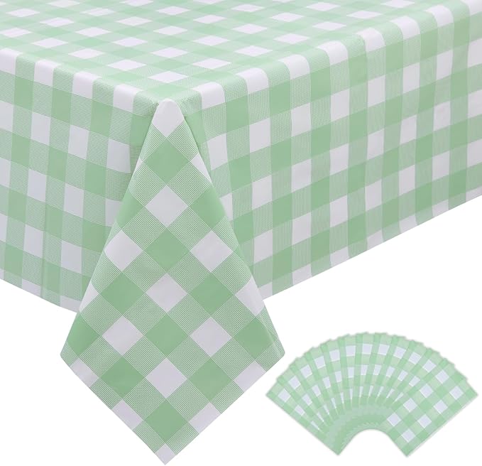 Kesfey 12 Packs Sage Green Gingham Tablecloth Sage Green and White Checkered Table Cloths 54 x 108 Inches Disposable Plastic Gingham Tablecovers Waterproof Picnic Camping Table Covers for Baby Shower