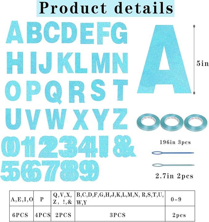 116 Pcs DIY Glitter Customizable Banner Kit Custom Banner Including 111 Letters and Numbers 3 Rope and 2 Threading Device for Personalized Decor for Birthday Banner (Baby Blue)