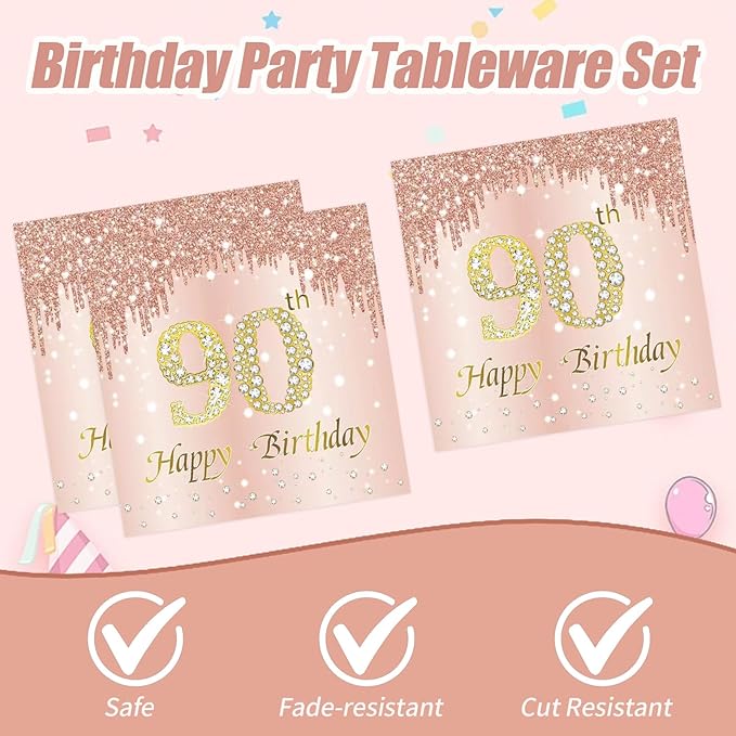 90th Rose Gold Birthday Plates and Napkins, 9 Inch Pink Rose Gold Disposable Dinner Dessert Plates Happy 90th Birthday Party Supplies Decorations for Girls Women