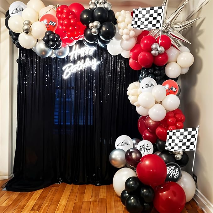 Race Car Balloon Arch Garland Kit, Red Black White Party Latex Balloons with Checkered Flags for Boy Racing Car Themed Birthday Party Decorations Baby Shower Transportation Backdrop Supplies