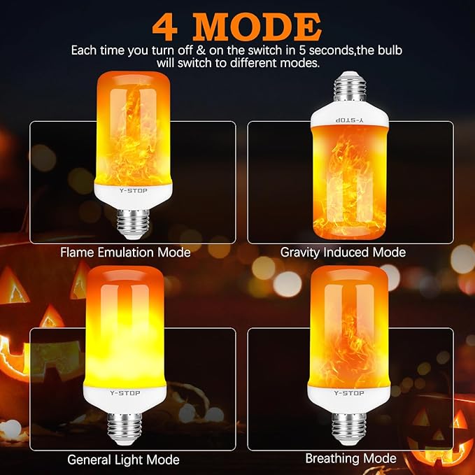 Y- STOP LED Flame Light Bulbs, Upgraded 4 Modes Fire Light Bulb with Upside Down Effect, E26 Base Flickering Light Bulb for Halloween Decorations, Christmas, Outdoor, Indoor, Home Decor, White, 2 Pack