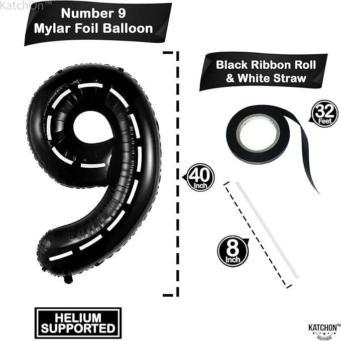 KatchOn, Giant Checkered Number 9 Balloon - 40 Inch | Foil 9 Birthday Balloon for 9th Birthday Decorations | 9th Anniversary Decoration | Race Car Party Decoration | Black Party Decor