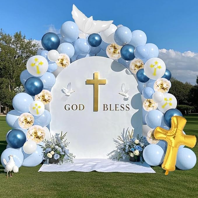 132Pcs First Holy Communion Blue Balloon Garland Arch Kit God Bless Baptism Party Decoration Christian Religious Decor Cross Dove Balloon Girl Mi Bautizo Christening Birthday Baby Shower Party Supplie