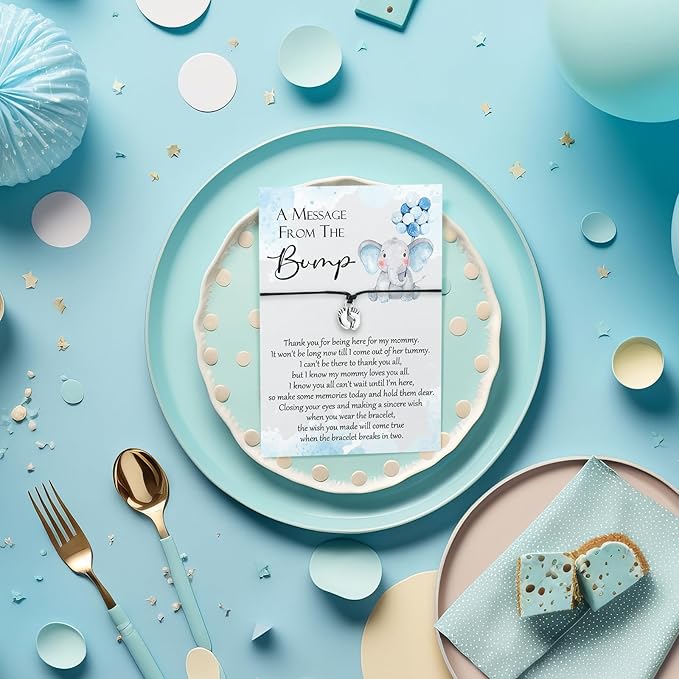 Thyle 50 Set Blue Elephant Baby Shower Favors for Guests Adjustable Bracelets with Message from the Bump Card Footprints Charm Baby Shower Bracelets for Gender Reveal Thank You Gifts
