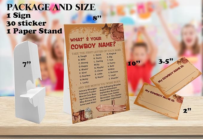 GNATV What's Your Cowboy Name Game (1 Cowboy Theme Sign and 30 Name Tag Stickers), Cowboy Game Party Decoration, Birthday Game for Kids, Family Game-15
