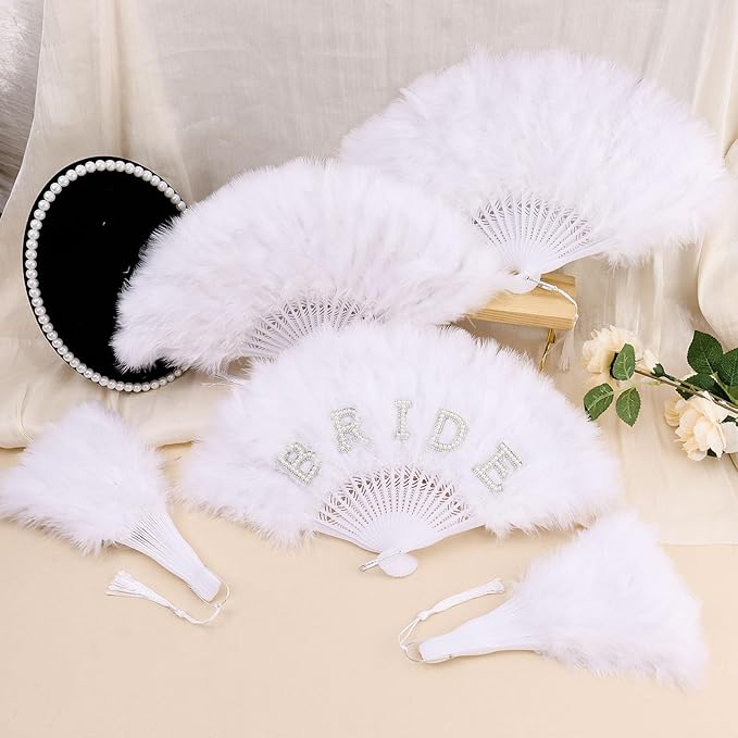 CUBACO Bride to be and Bridesmaid Hand Fan Foldable, Wedding Bachelorette Party Decorations and Bridal Shower Gifts White Feather Lace Fan Suitable for Engagement Bachelorette Outfit Bulk