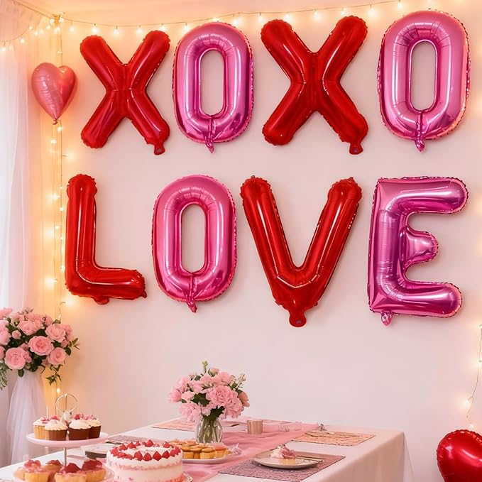 Red Pink XOXO Balloons and Love Balloon, 16 Inch Valentines Day Hot Pink Red XO Love Foil Letters Balloon Banner for Romantic Valentine Galentines Anniversary Bridal Shower Engagement Party Decoration