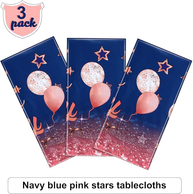 Tegeme Navy Blue Party Supplies Stars Happy Birthday Tablecloths Starry Confetti Table Covers for Kids Boys Girls Baby Shower Birthday Party Decorations(Navy Blue and Pink,3 Pack)