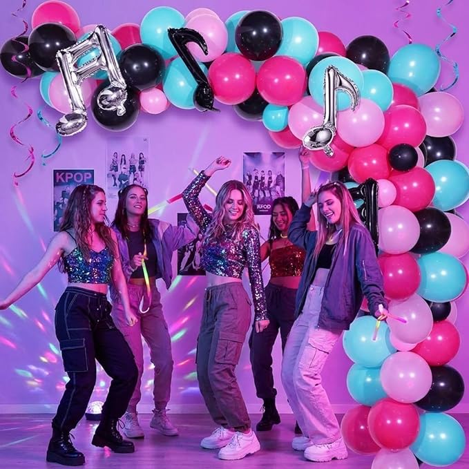 Sumind 144 Pieces Music Balloons Birthday Garland Kit Music Sign Foil 5 Inch 10 Inch Rose Red Black Blue Pink for Sock Hop Party, 1950s Party, K Pop Decorations, Birthday, Karaoke Supplies