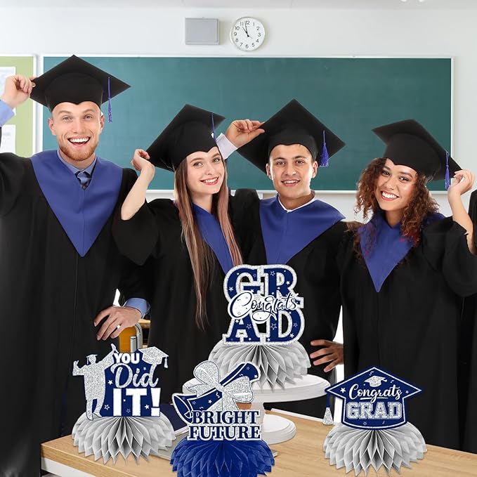 12pcs Graduation Table Decorations,Silver and Navy Blue Graduation Decorations 2026 Graduation Centerpieces for Tables,Class of 2026 Centerpieces Honeycomb for Congrats Grad Table Decor (Navy Blue)