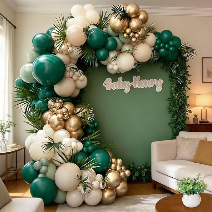 Emerald Green White Gold Balloons Arch Kit, Dark Green Sage Dusty Olive Green Sand White Gold Balloons Garland for Birthday Wedding Jungle Safari Party