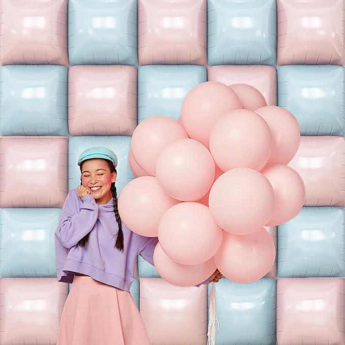 Pink and Blue Square Foil Balloons Wall, 25PCS Double Sided Pastel Cream Pink Blue Balloons Tunnel Arch Kit Backdrop for Boy or Girl Gender Reveal Decorations Birthday Party Baby Shower Decorations