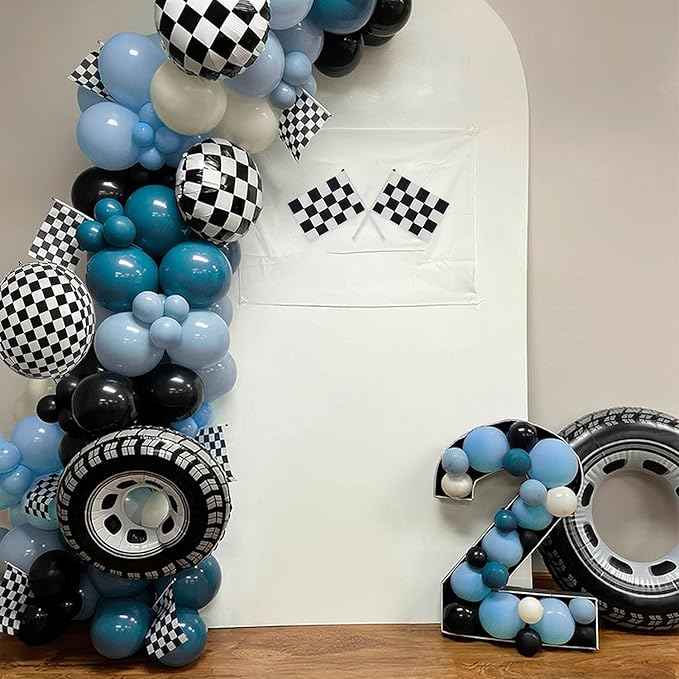 Generic Race Balloon Garland Arch Kit, Dusty Blue Black Balloons with Checkered Balloons for Race Theme Birthday Party Decorations Baby Shower Party Supplies