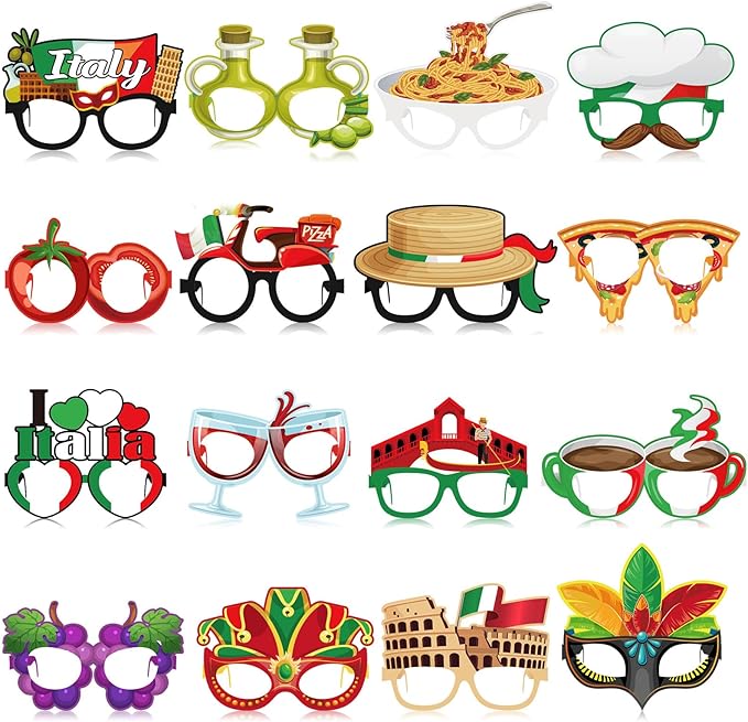 Pajean 32 Pcs Italian Party Decorations Italy Theme Eyeglasses Italian Paper Glasses Frame Photo Booth Props Italy Party Favors for Pizza Birthday Baby Shower Birthday Supplies