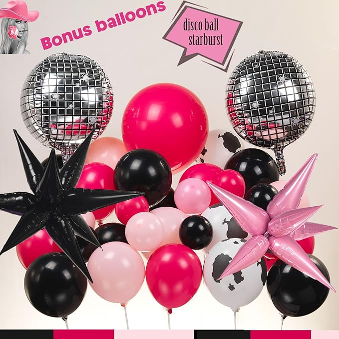 Hot Pink and Black Cowgirl Balloon garland Arch Kit 101Pcs with mylar foil Disco Ball Cow print Balloons for Girl birthday bachelorette party Decorations