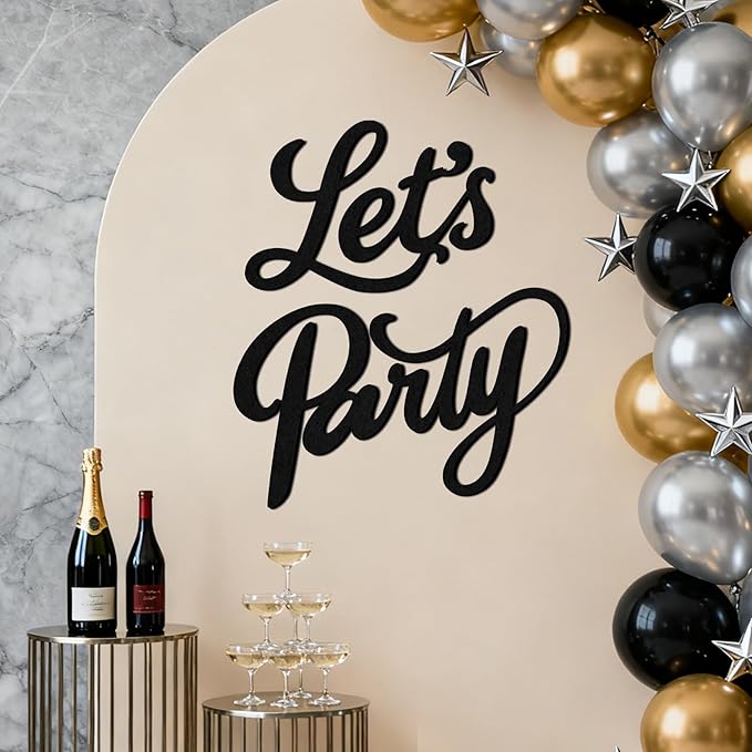 Babenest Let's Party Felt Sign, Black Reusable Letter Banner for Backdrop, Balloon Arch Decor, Party Supplies for Graduation, Birthday, Wedding, Bachelorette, Christmas, Home Bar, Man Cave Wall Decorations