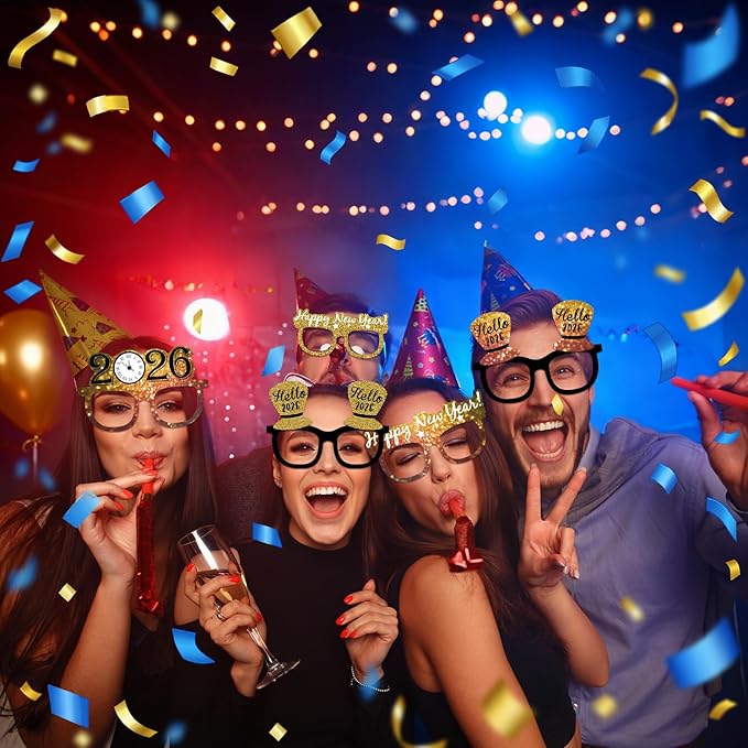 12PCS New Year Glasses, Funny New Years Eve Party Paper Glasses Photo Booth Props 2026 Eyeglasses Frames for NYE Party Supplies Decorations 2026