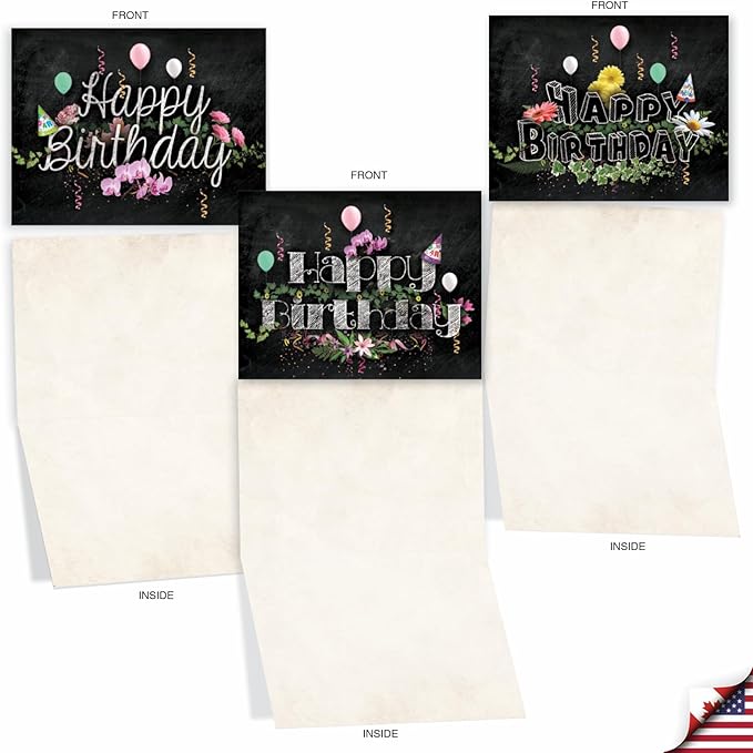 The Best Card Company - 10 Happy Birthday Note Cards Blank - Assorted Bulk Birthday Notecards, Cute Boxed Set (4 x 5.12 Inch) - Chalk and Roses Birthday M6479BDB