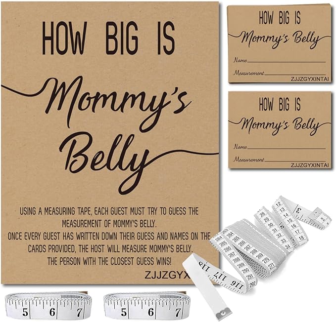 How Big is Mommy's Belly? Rustic Baby Shower Gender Neutral Game Includes 8x10 Inch Kraft Standing Sign and 50 Guessing Cards, 3 Rolls 10 Feet Measuring Tape