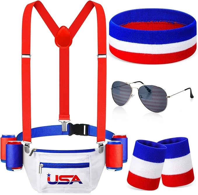 Sweetude USA America Flag Fanny Pack 4th of July Patriotic Beverage Beer Belt Costume Set Outfit Accessories with Drink Holder Sunglasses Striped Sweatband Men Women