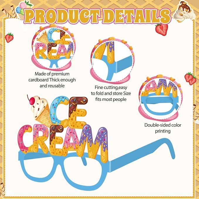 Pajean 32 Pcs Ice Cream Party Decorations Eyeglasses Ice Cream Themed Paper Glasses Summer Creams Photo Booth Props Frame 67 Birthday Decor for Sweet Summer 6 7 Birthday Party Baby Shower Supplies