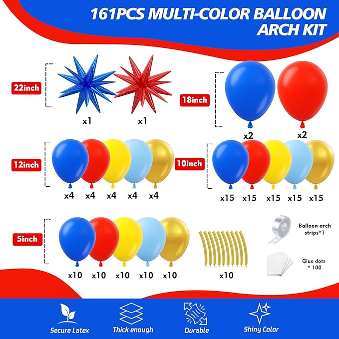 161Pcs Cartoon Balloon Garland Arch Kit - Balloons with 4D Star Gold Long Balloons for Birthday Baby Shower Cartoon Carnival Circus Hedgehog Super Hero Gamer Theme Backdrop Party Decorations