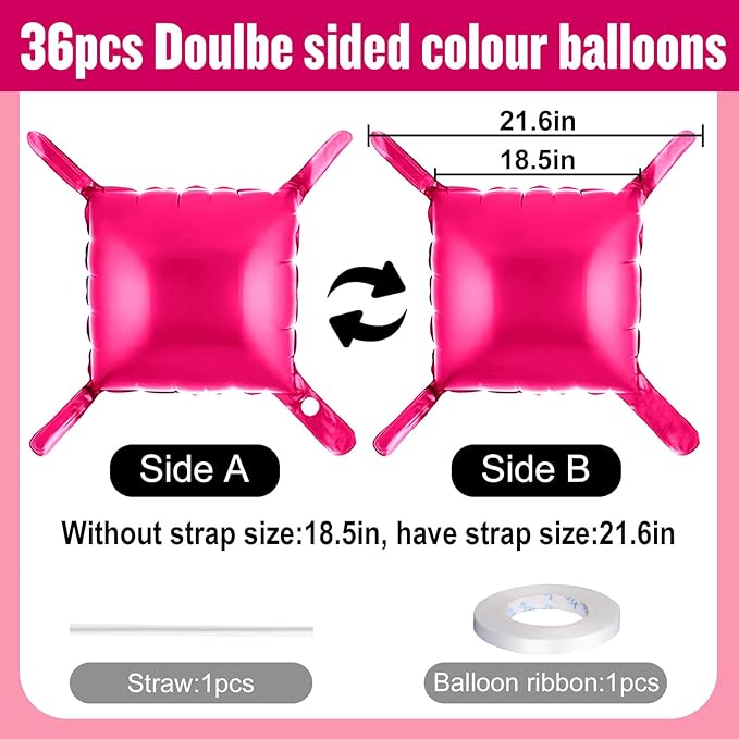 36Pcs Hot Pink Square Foil Balloons Wall Backdrop, Double Sided Metallic Foil Balloons Tunnel Arch Garland Kit for Photo Booth Birthday Wedding Halloween Christmas Party Decorations