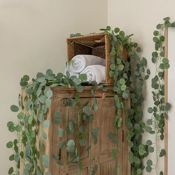 CQURE 48 Pack Artificial Eucalyptus Garland Faux Greenery Garland Eucalyptus Leaves Vines Table Runner for Wedding Party Backdrop Arch Wall Room Decor(336Ft)